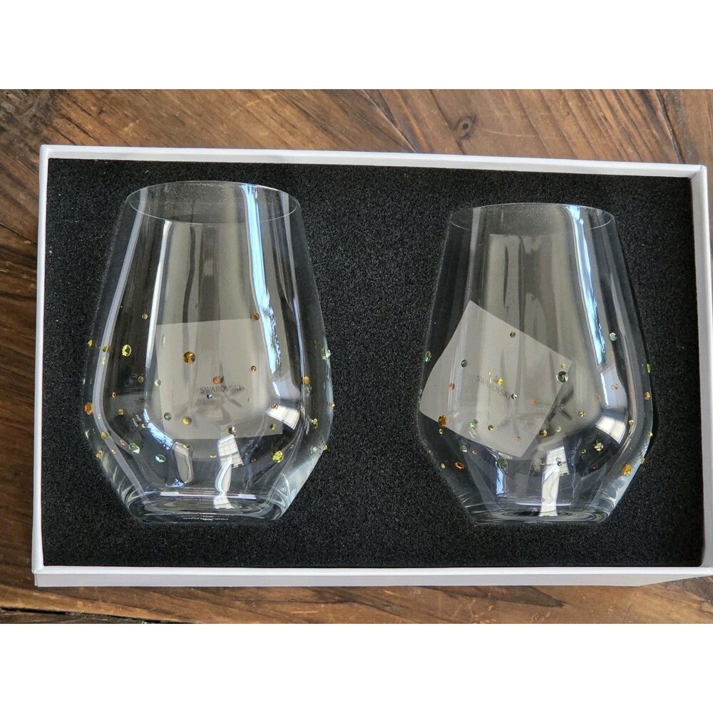 NEW IN BOX-Swarovski Stemless Wine Glasses Set (2) Lime Edition Austrian Crystal